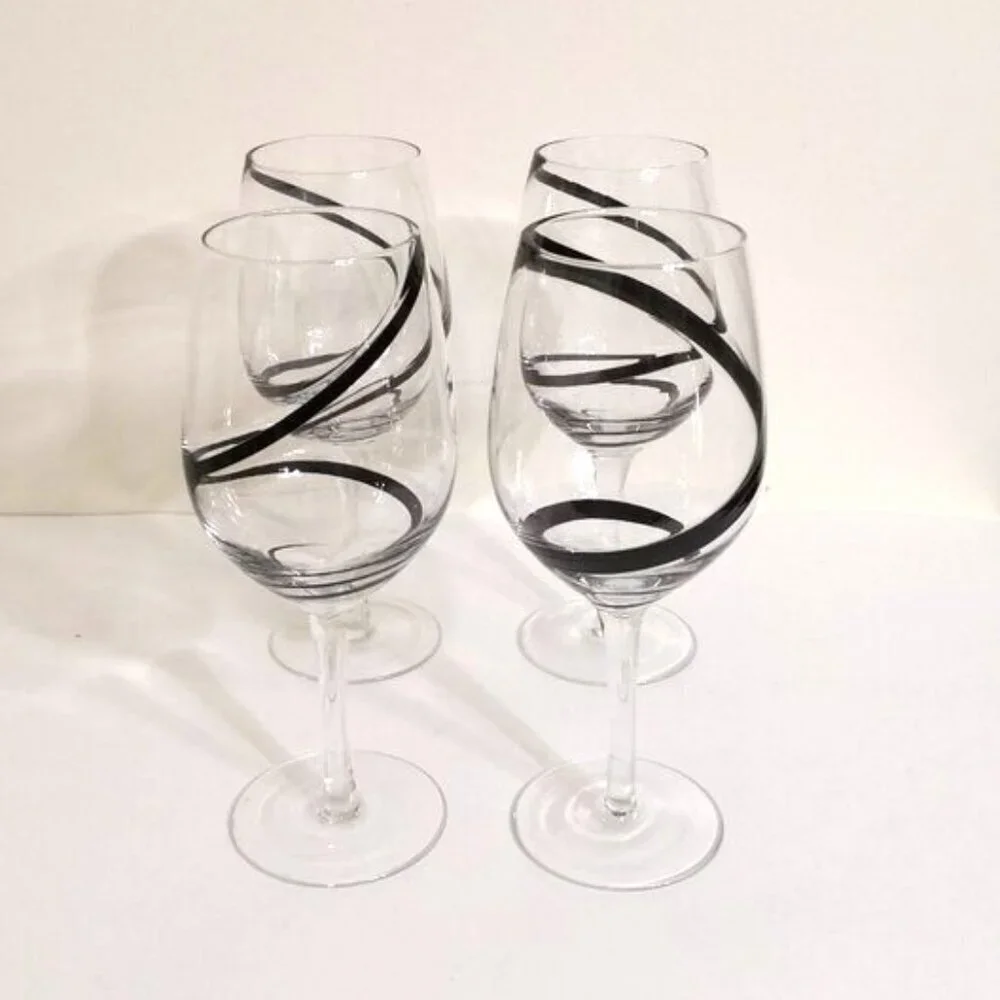 Pier 1 Black‎ Swirline Clear Glass Goblets Wine Discontinued Hand Blown Set of 4